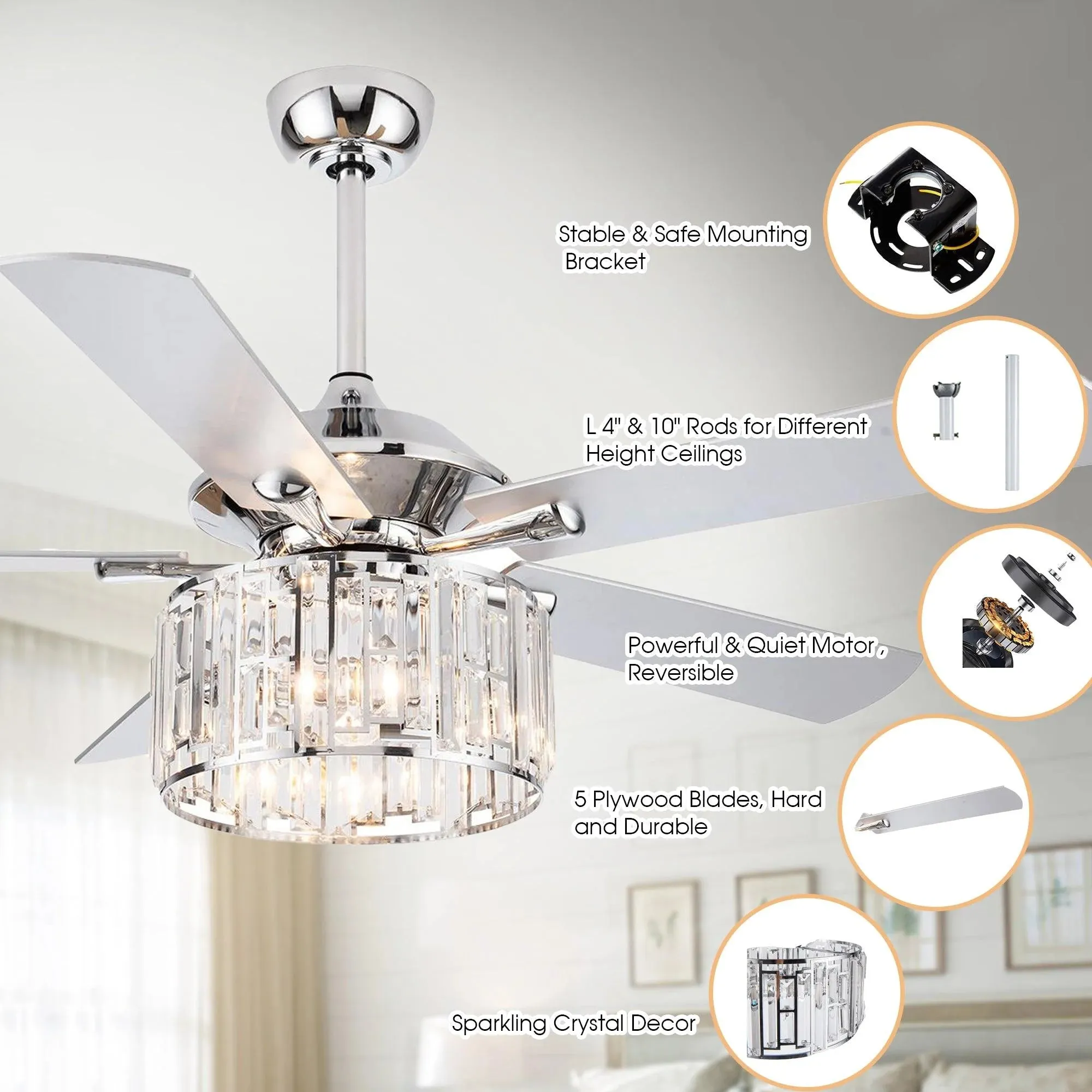 Parrot Uncle 52" Shellie Chrome Chandelier Ceiling Fan with Lighting and Remote Control New