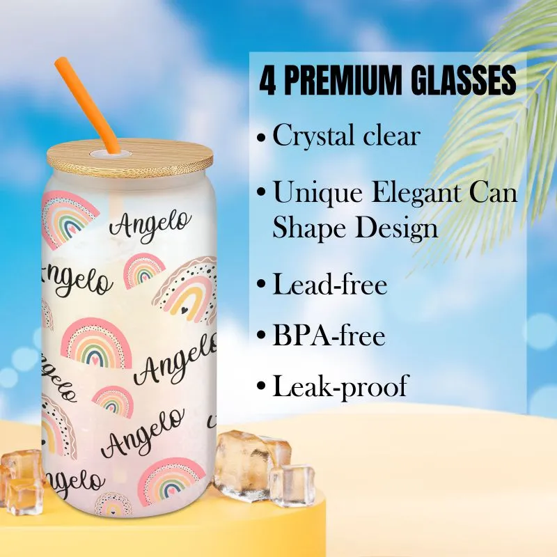 Personalized Frosted Glass Cups with Bamboo Lids and Straws 16 oz, Custom Iced Coffee Can Shaped Glass Tumbler with Name for Women