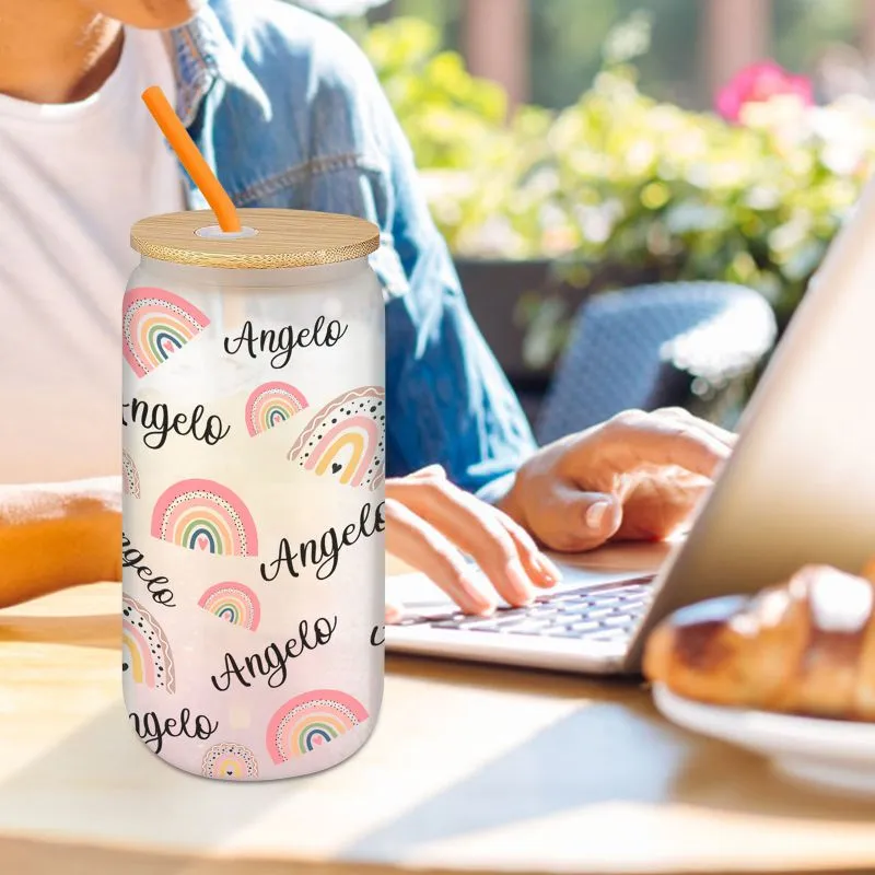 Personalized Frosted Glass Cups with Bamboo Lids and Straws 16 oz, Custom Iced Coffee Can Shaped Glass Tumbler with Name for Women