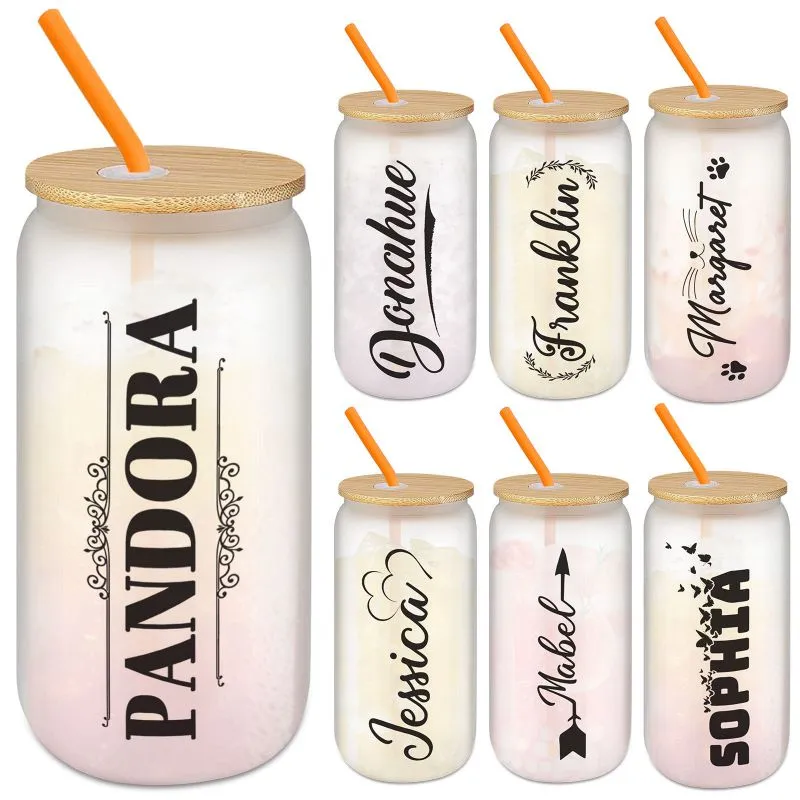 Personalized Frosted Glass Cups with Bamboo Lids and Straws 16 oz, Custom Iced Coffee Can Shaped Glass Tumbler with Name for Women