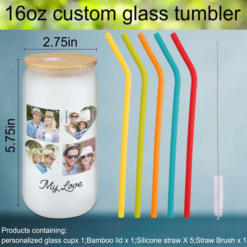 Personalized Frosted Glass Cups with Bamboo Lids and Straws 16 oz, Custom Iced Coffee Can Shaped Glass Tumbler with Name for Women