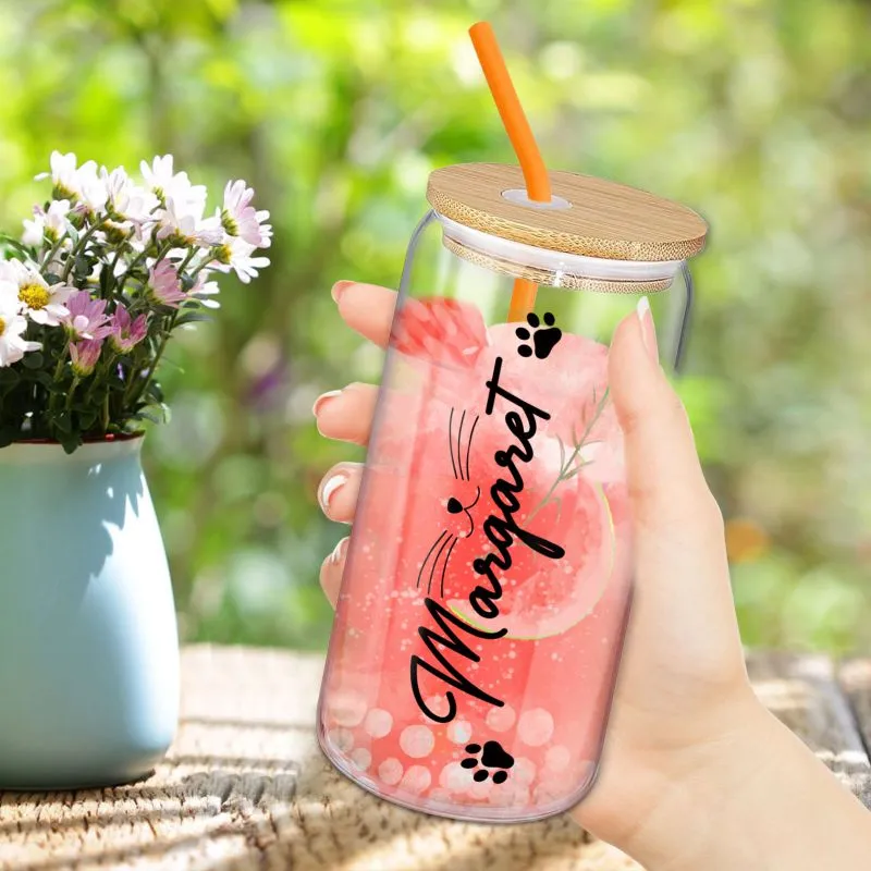 Personalized Frosted Glass Cups with Bamboo Lids and Straws 16 oz, Custom Iced Coffee Can Shaped Glass Tumbler with Name for Women