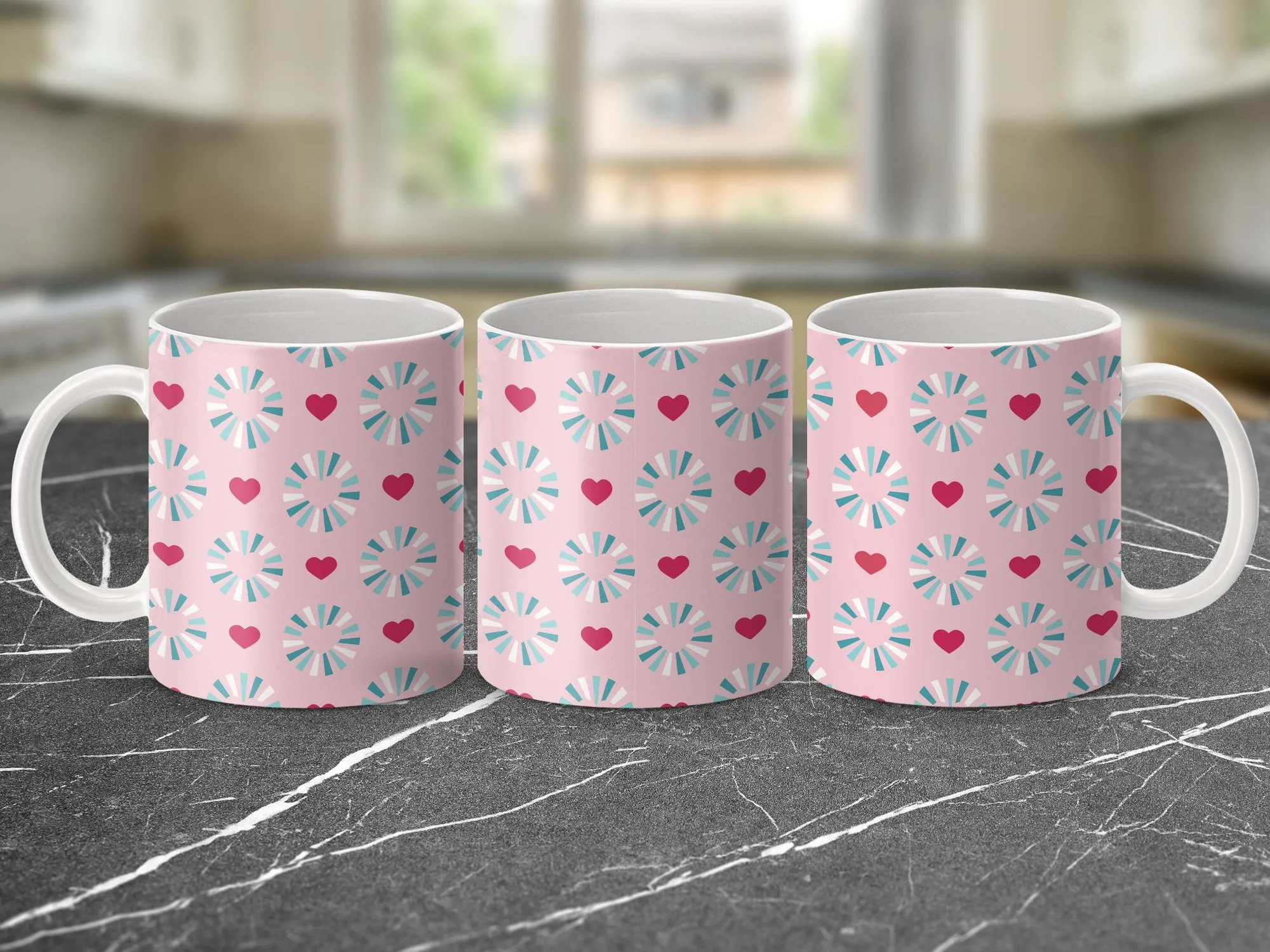 Pink and Blue Geometric Hearts Pattern Mug, Cute Love Coffee Cup, Unique Gift for Her, Office Desk Accessory, Valentine's Day Present