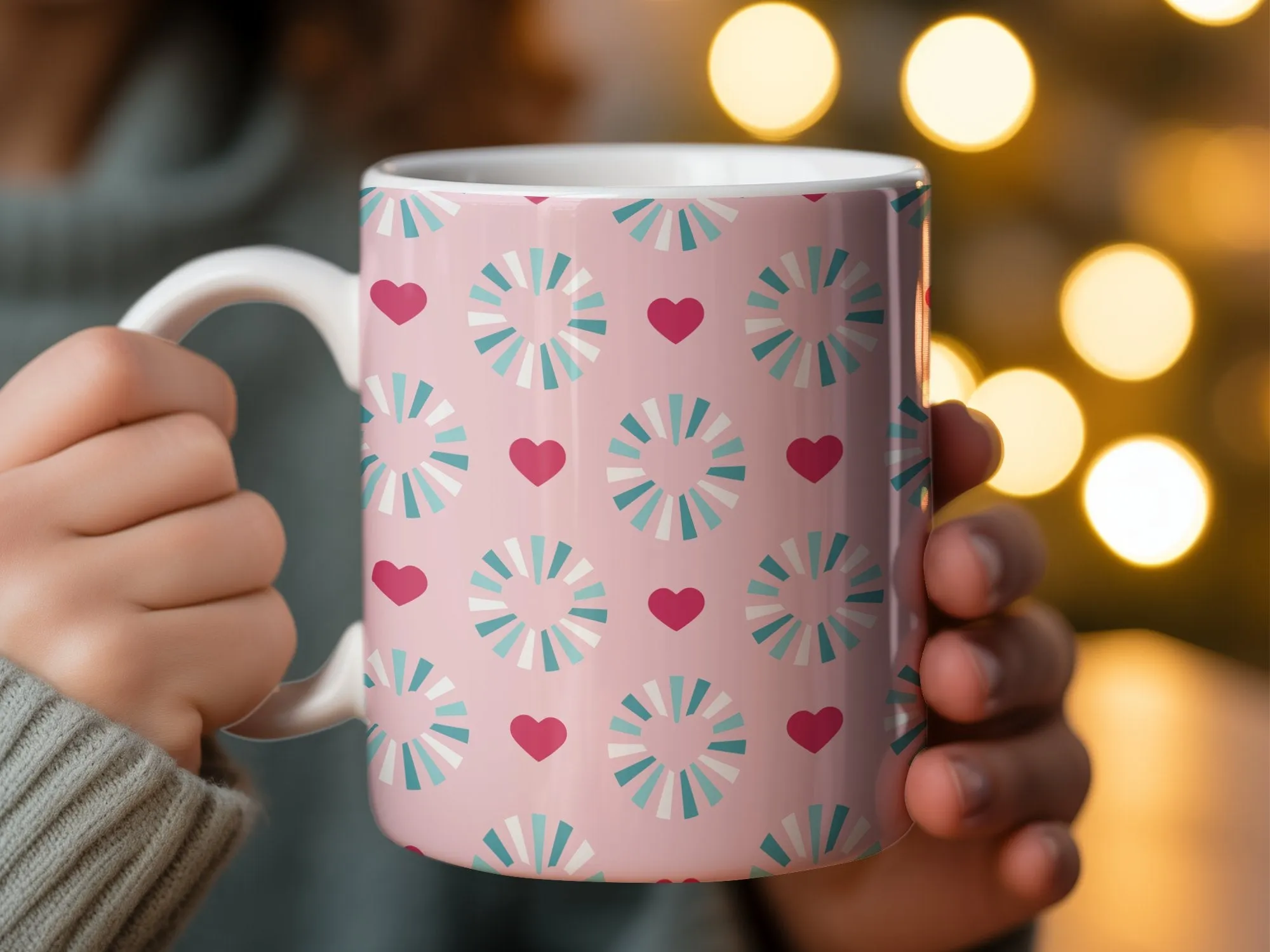 Pink and Blue Geometric Hearts Pattern Mug, Cute Love Coffee Cup, Unique Gift for Her, Office Desk Accessory, Valentine's Day Present