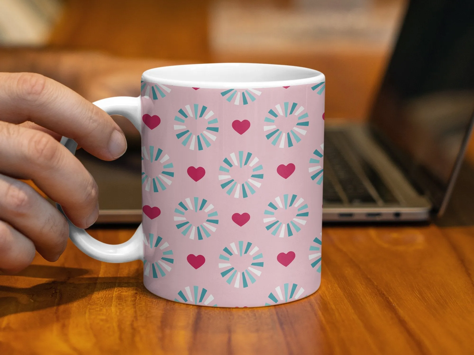 Pink and Blue Geometric Hearts Pattern Mug, Cute Love Coffee Cup, Unique Gift for Her, Office Desk Accessory, Valentine's Day Present