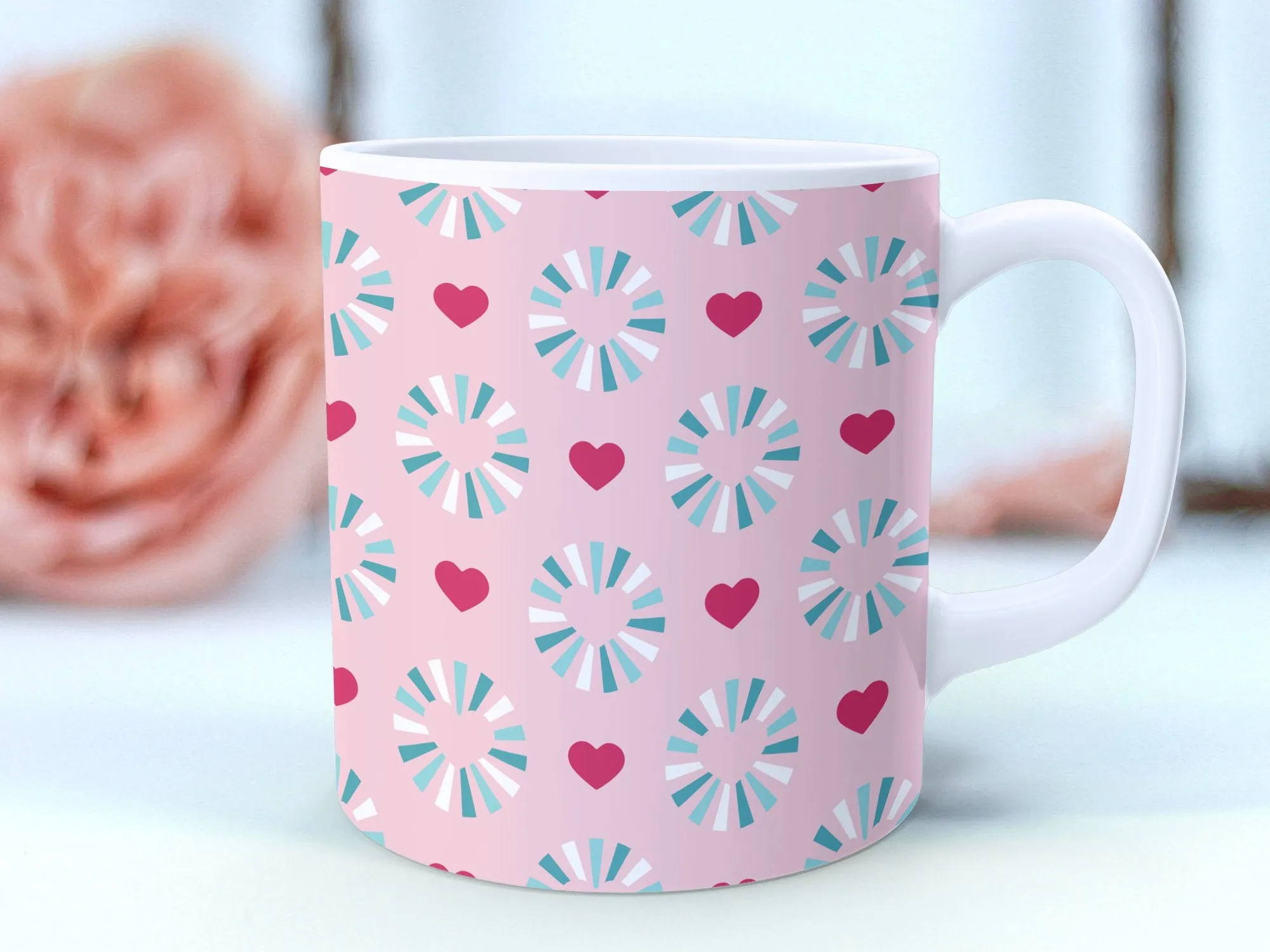 Pink and Blue Geometric Hearts Pattern Mug, Cute Love Coffee Cup, Unique Gift for Her, Office Desk Accessory, Valentine's Day Present