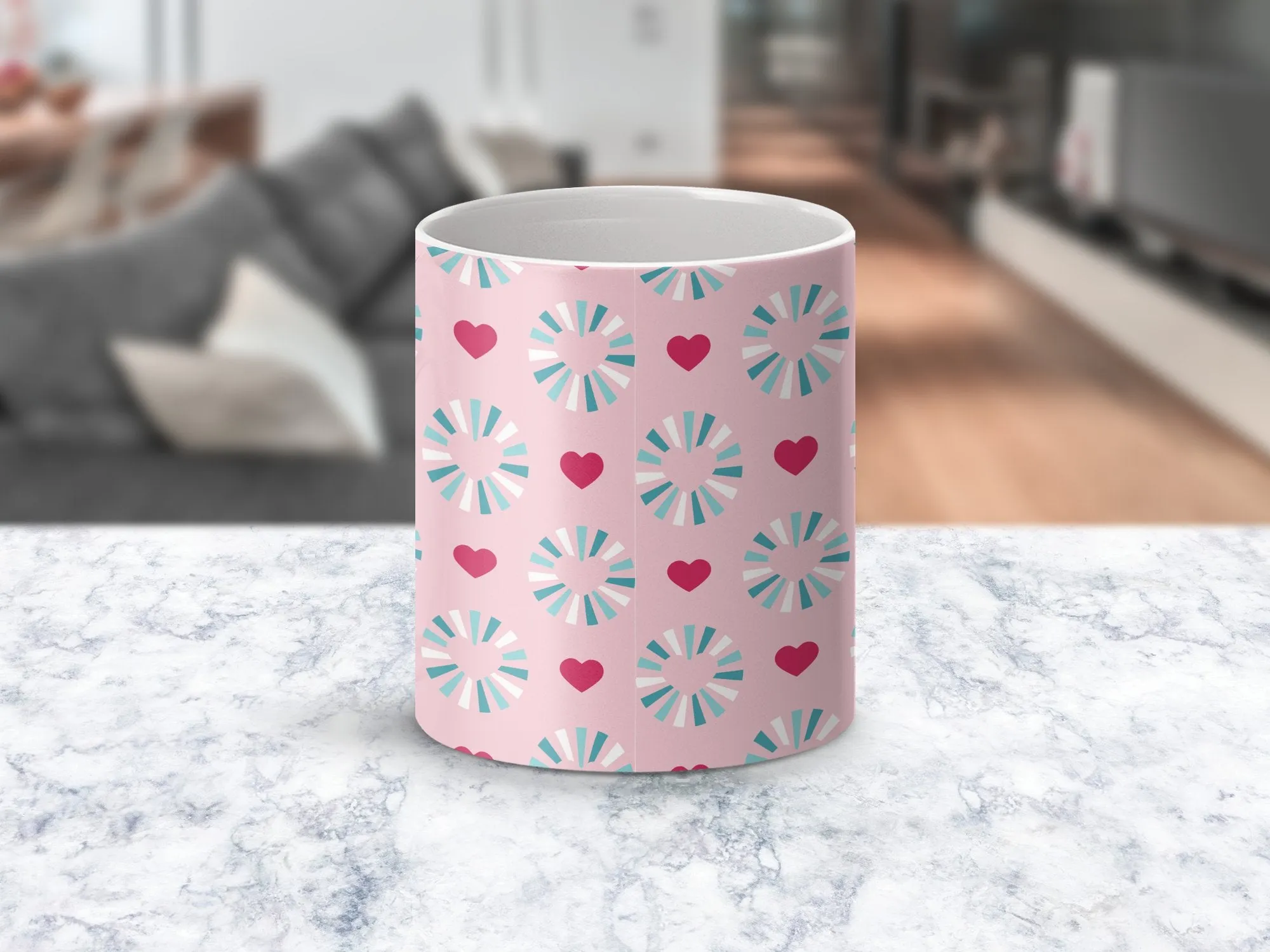 Pink and Blue Geometric Hearts Pattern Mug, Cute Love Coffee Cup, Unique Gift for Her, Office Desk Accessory, Valentine's Day Present