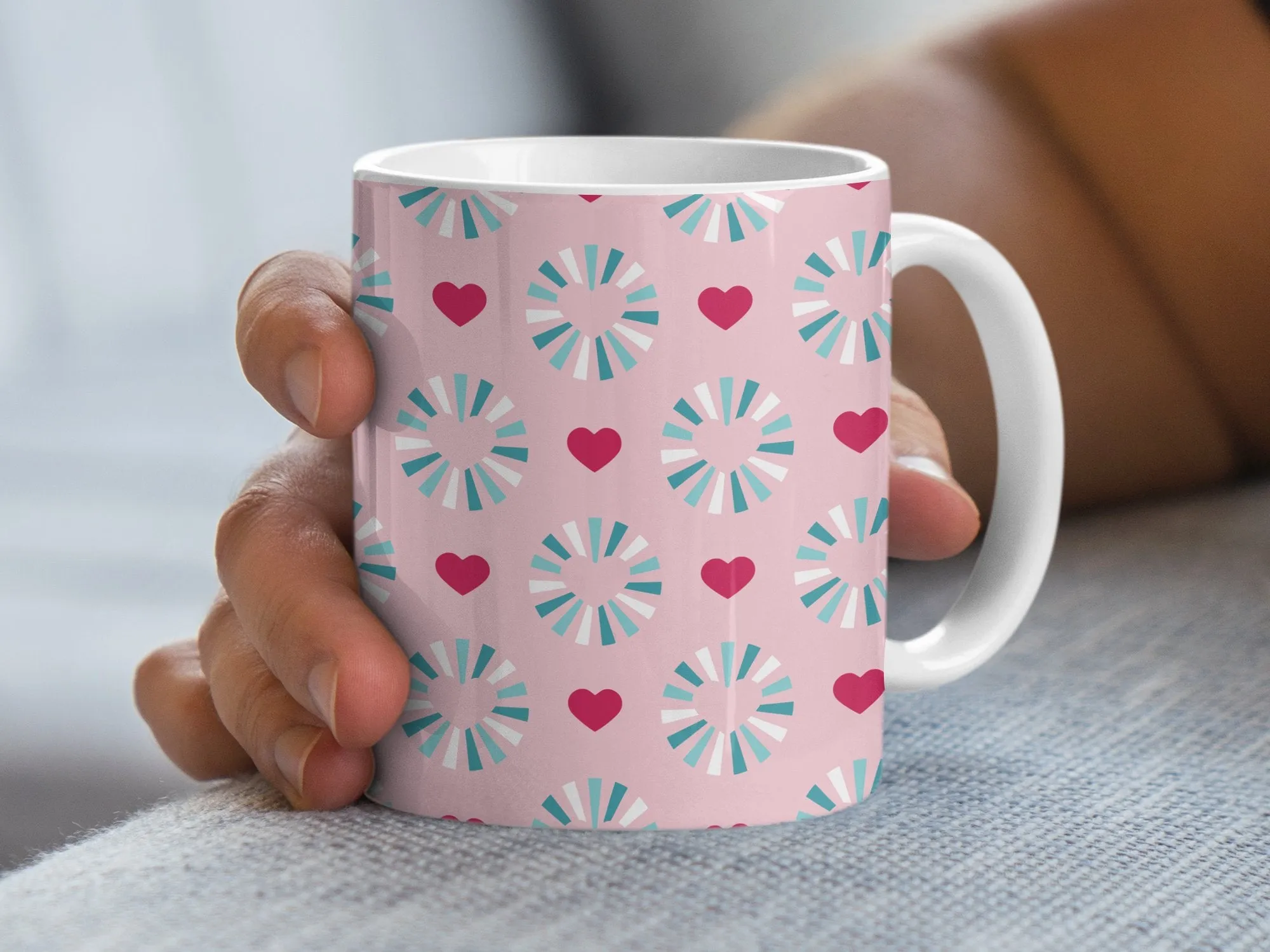 Pink and Blue Geometric Hearts Pattern Mug, Cute Love Coffee Cup, Unique Gift for Her, Office Desk Accessory, Valentine's Day Present