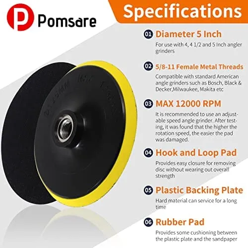 Pomsare 5 Inch Hook and Loop Backing Pad with 50PCS Sanding Discs, Angle Grinder Attachments with 5/8-11 Threads, Sanding Pad for Wood Sanding Buffing Polishing(80/120/240/320/600 Grit)