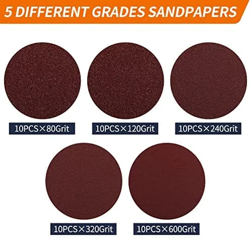 Pomsare 5 Inch Hook and Loop Backing Pad with 50PCS Sanding Discs, Angle Grinder Attachments with 5/8-11 Threads, Sanding Pad for Wood Sanding Buffing Polishing(80/120/240/320/600 Grit)