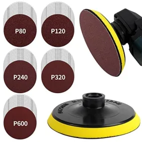 Pomsare 5 Inch Hook and Loop Backing Pad with 50PCS Sanding Discs, Angle Grinder Attachments with 5/8-11 Threads, Sanding Pad for Wood Sanding Buffing Polishing(80/120/240/320/600 Grit)