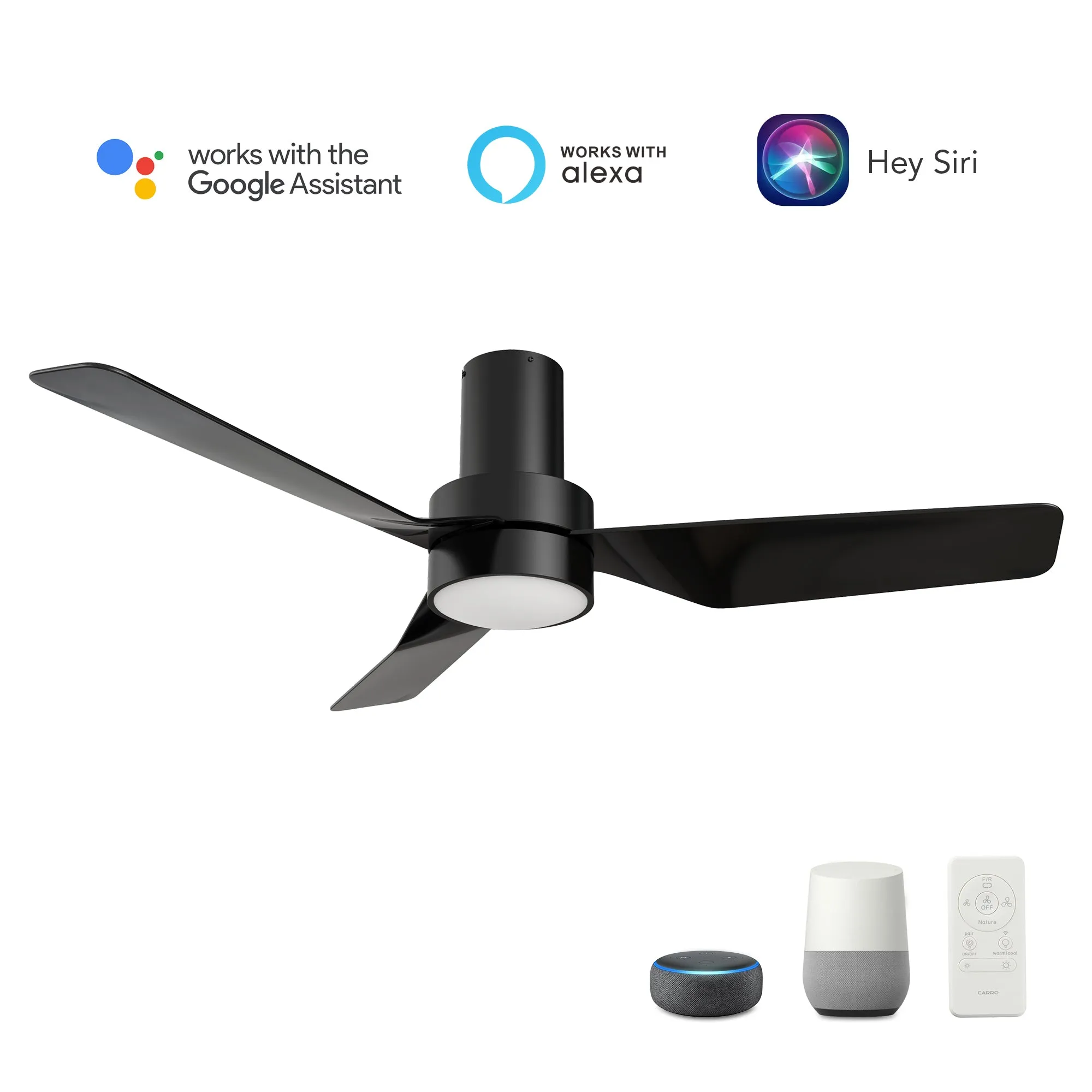 PORTER 44 inch 3-Blade Flush Mount Smart Ceiling Fan with LED Light Kit & Remote- Black/Black