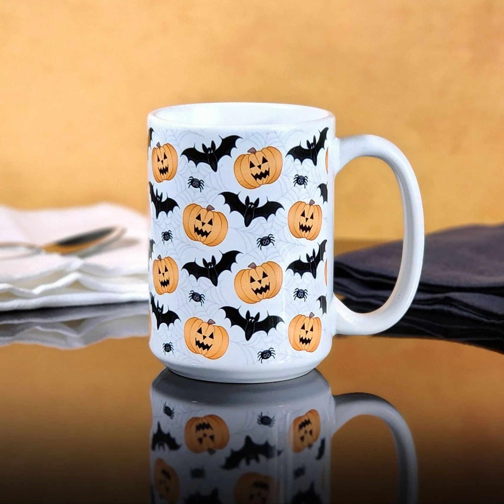 Pumpkins Bats and Spiders Halloween Mug