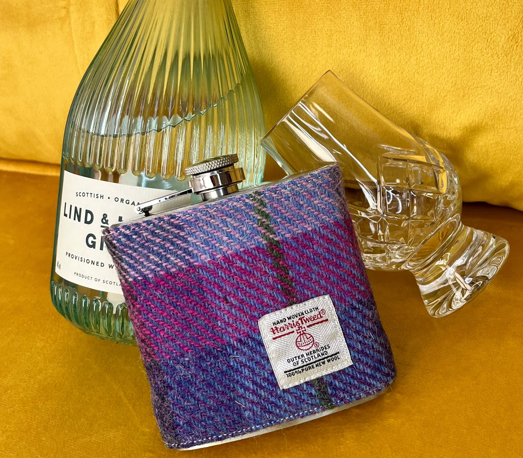 PURPLE TARTAN HARRIS TWEED HIP FLASK