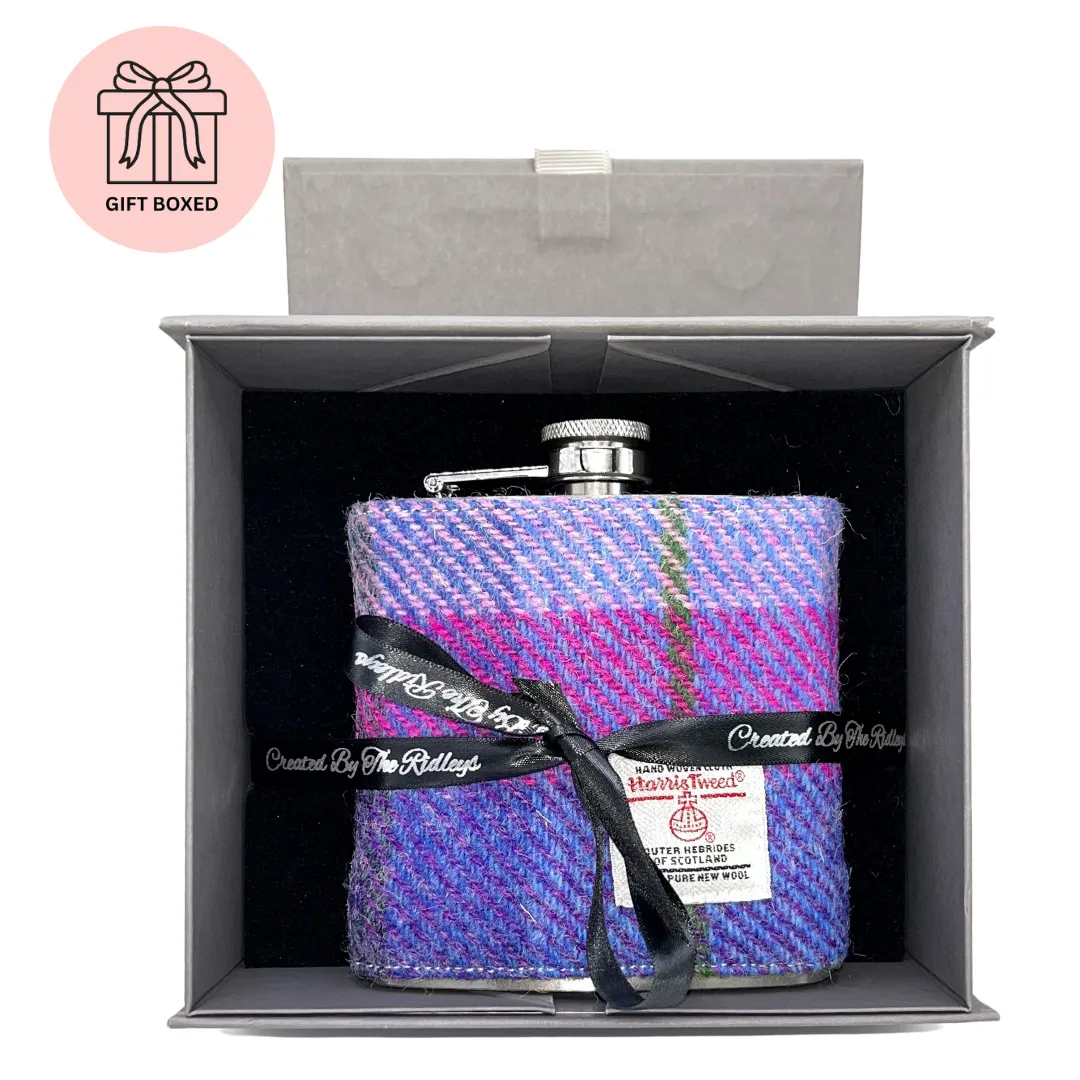 PURPLE TARTAN HARRIS TWEED HIP FLASK