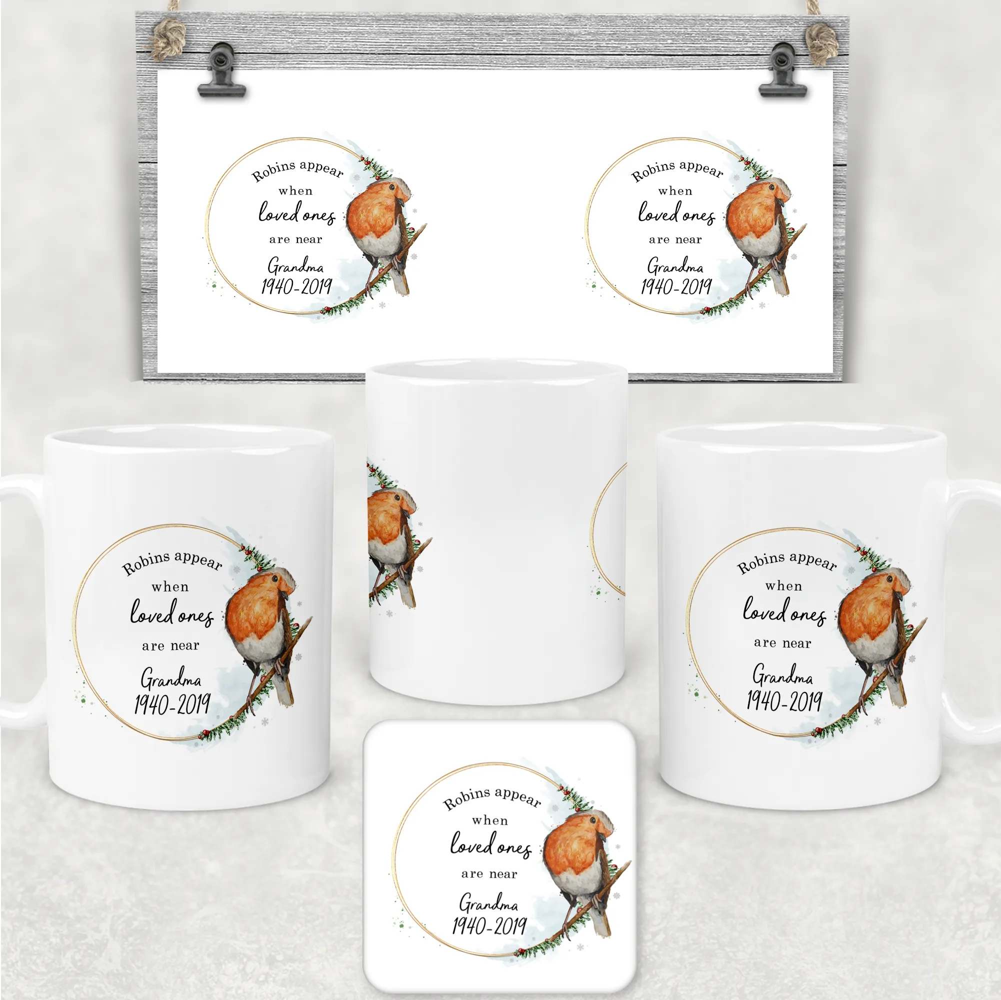 Robins Appear When Loved Ones Are Near Personalised Christmas Mug and Coaster Set