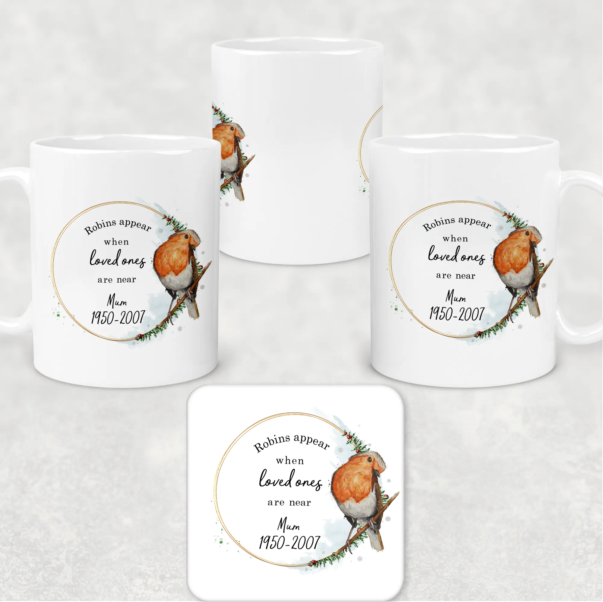 Robins Appear When Loved Ones Are Near Personalised Christmas Mug and Coaster Set