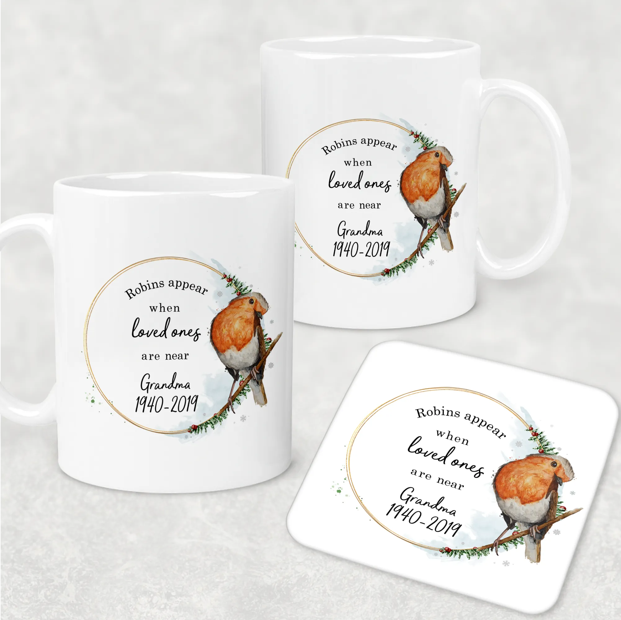 Robins Appear When Loved Ones Are Near Personalised Christmas Mug and Coaster Set