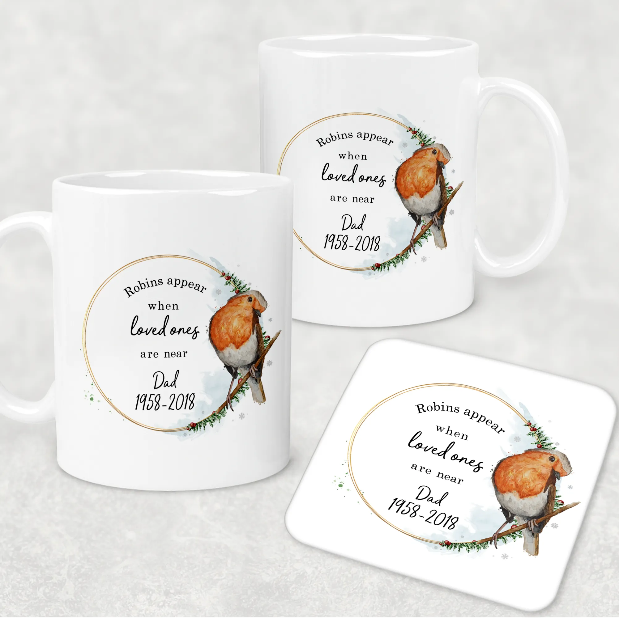 Robins Appear When Loved Ones Are Near Personalised Christmas Mug and Coaster Set