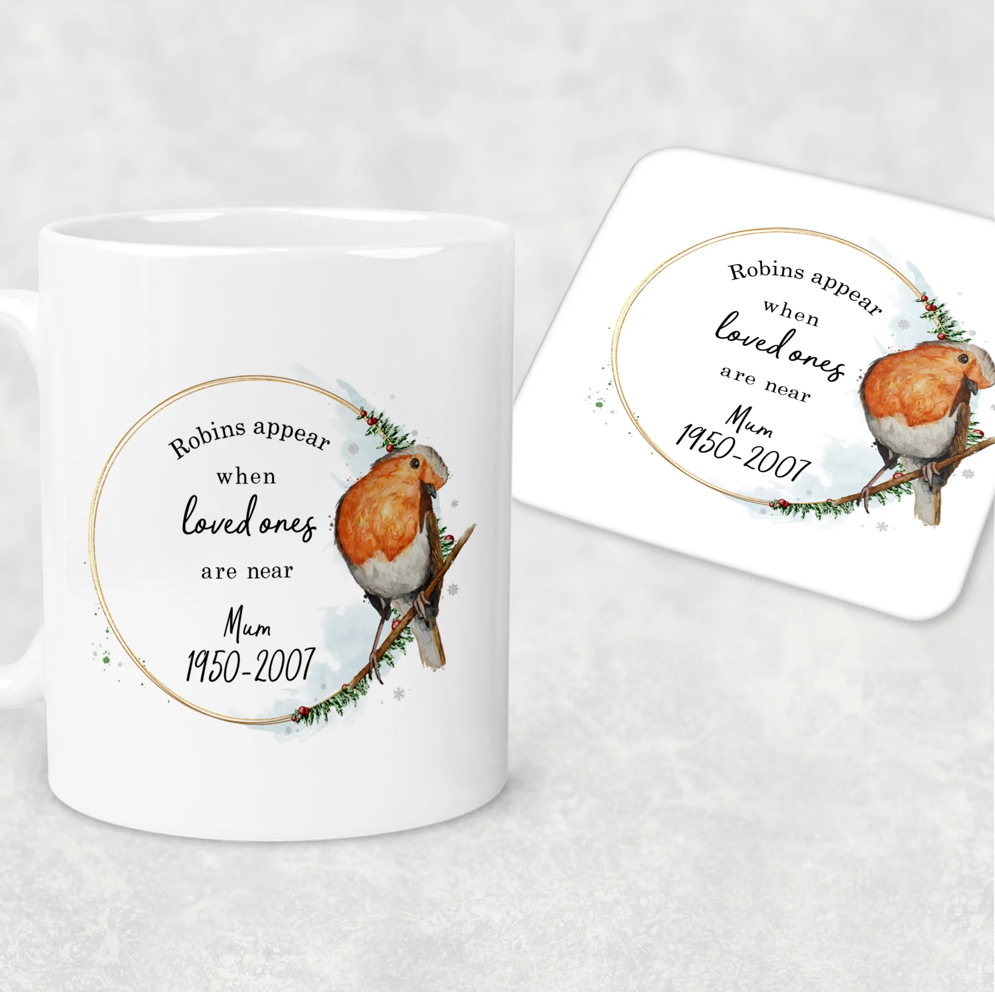 Robins Appear When Loved Ones Are Near Personalised Christmas Mug and Coaster Set