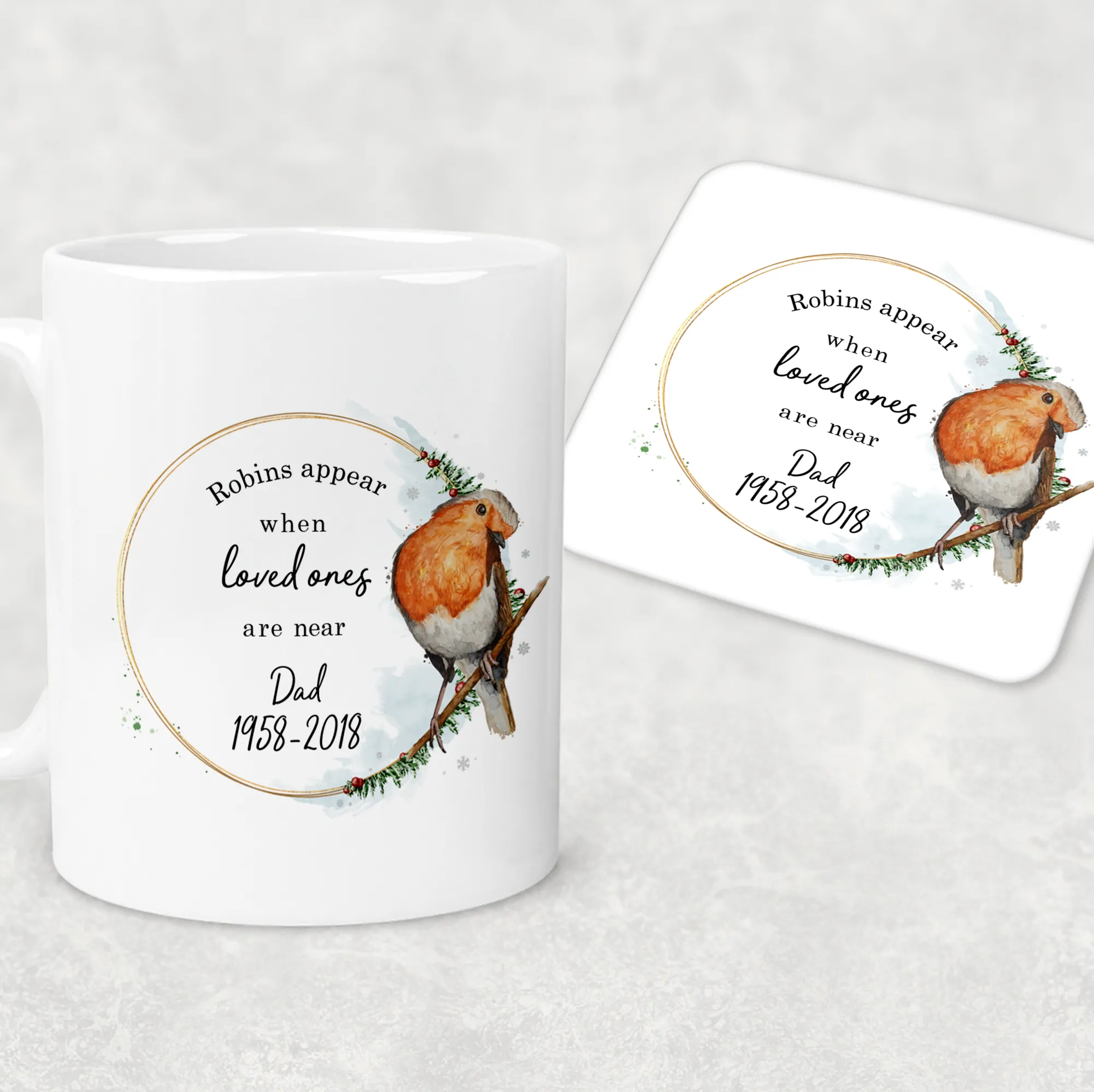 Robins Appear When Loved Ones Are Near Personalised Christmas Mug and Coaster Set