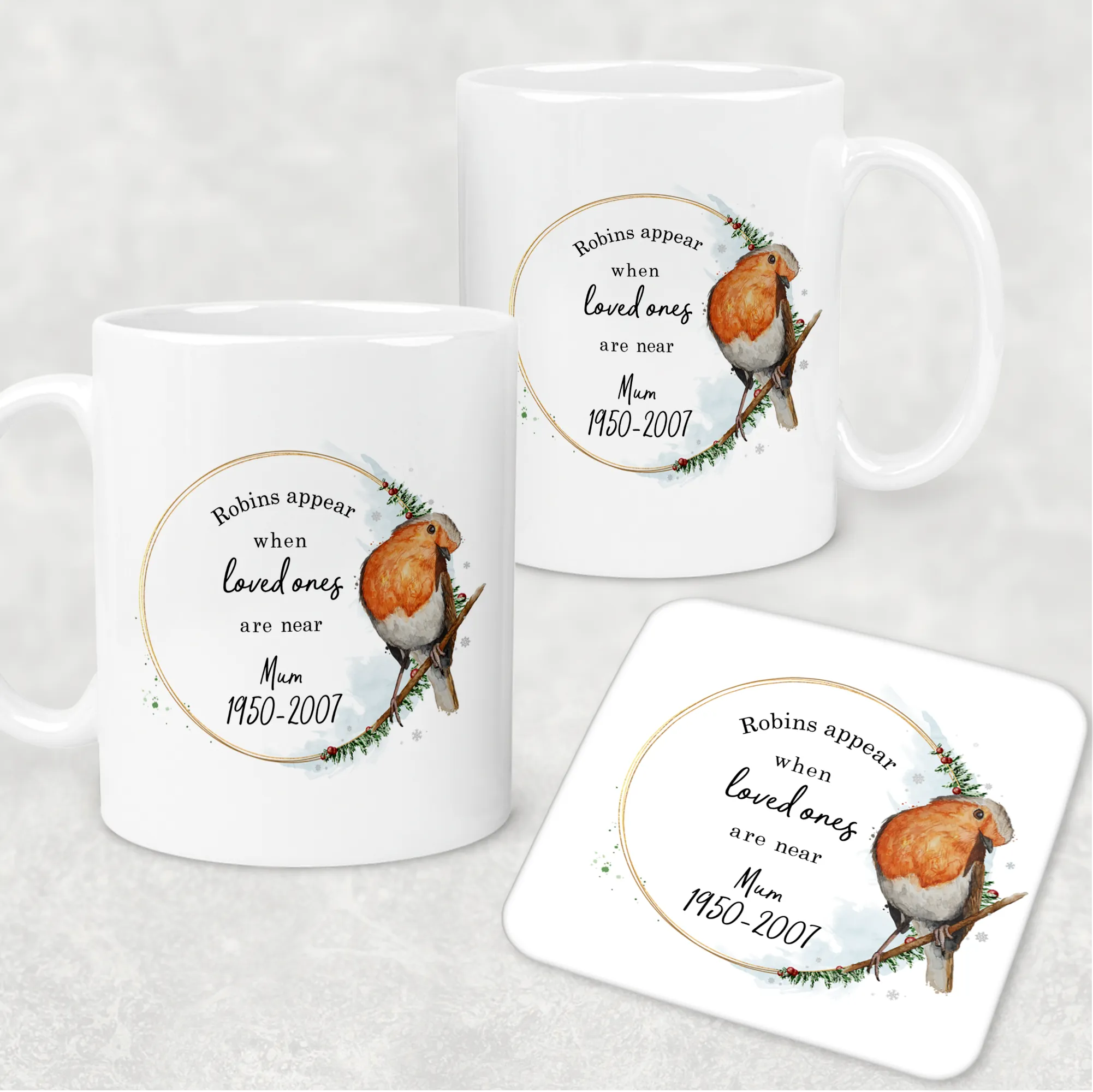 Robins Appear When Loved Ones Are Near Personalised Christmas Mug and Coaster Set