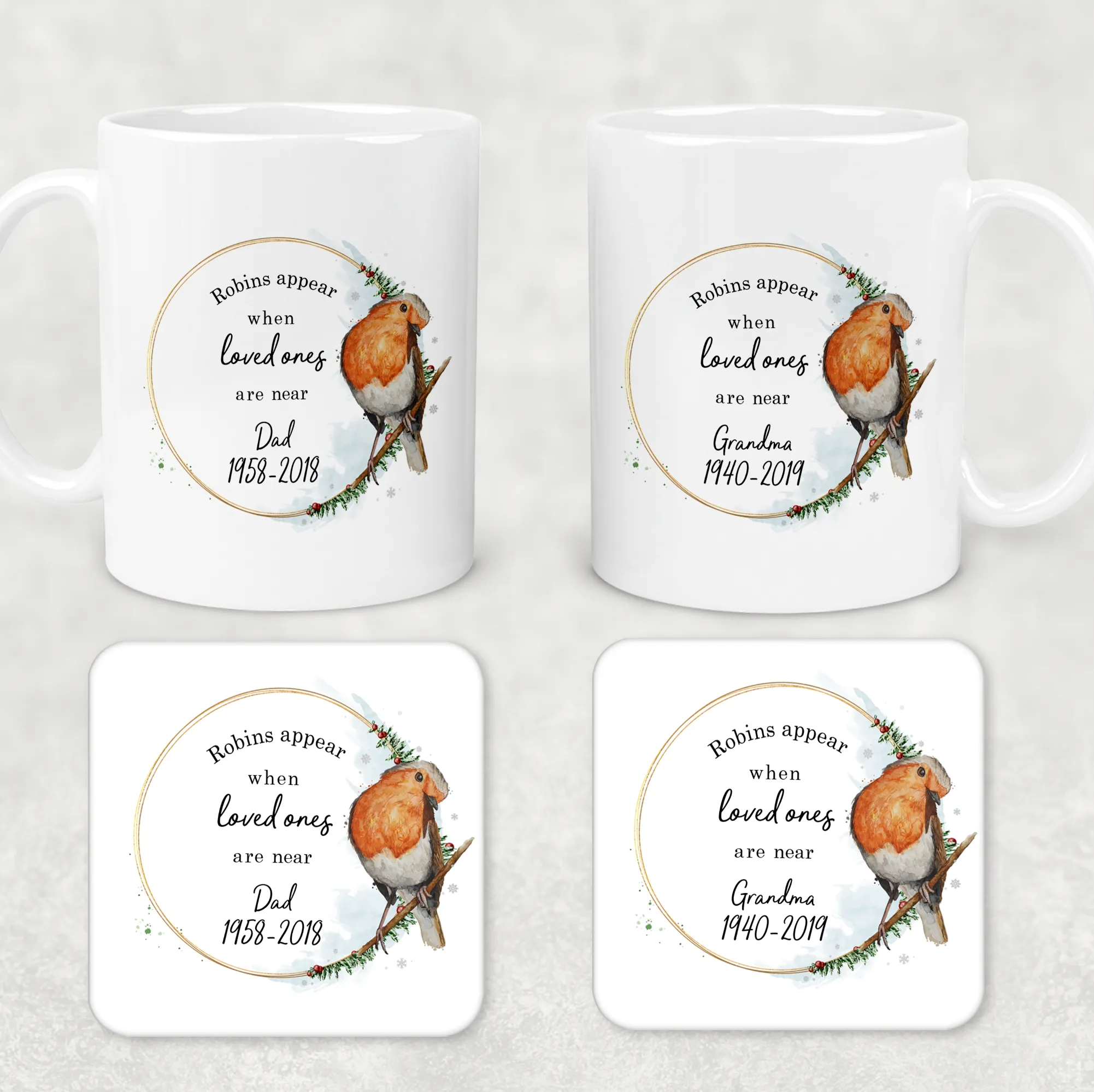 Robins Appear When Loved Ones Are Near Personalised Christmas Mug and Coaster Set