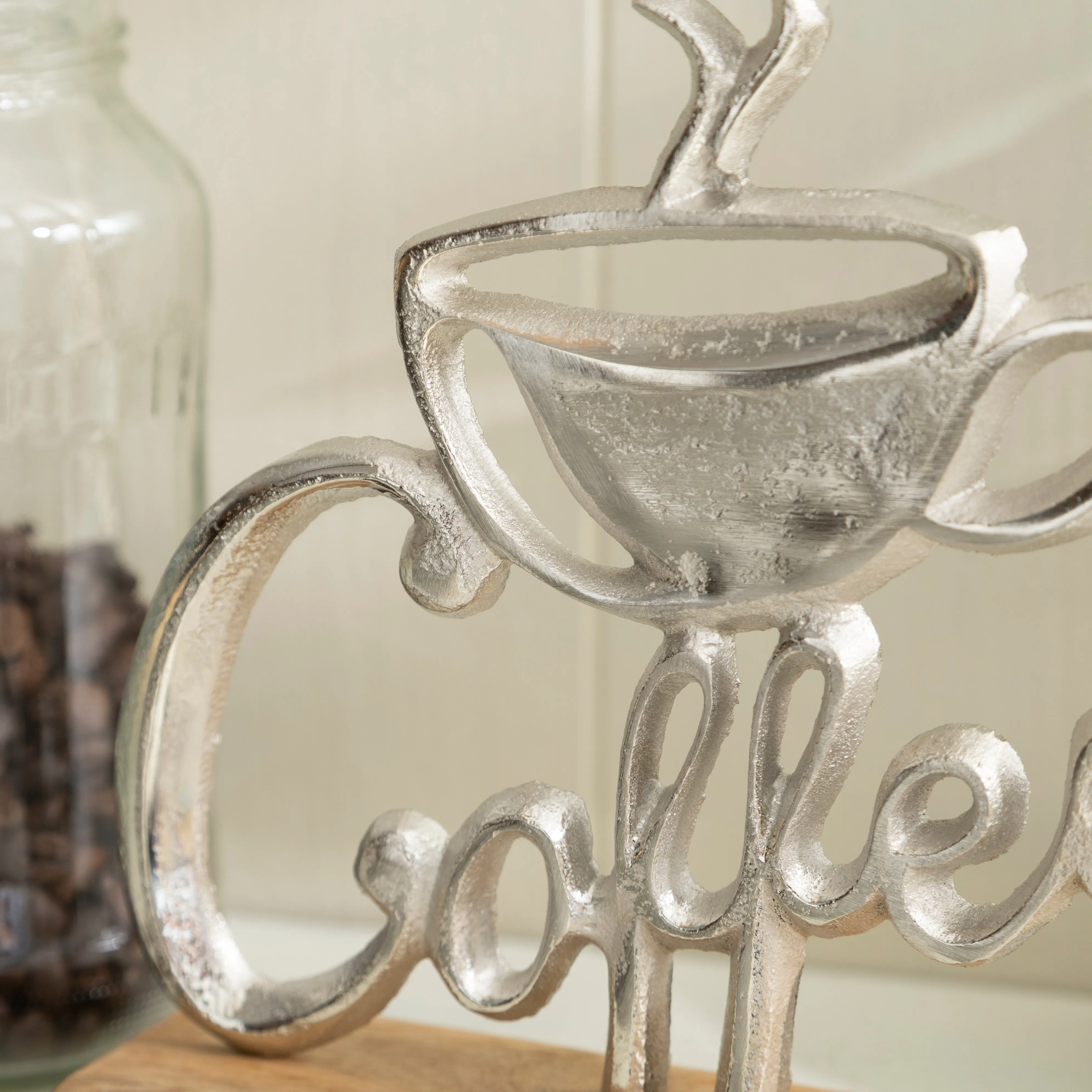 Rustic Metal Coffee Sign with Wooden Base - Decorative Kitchen Decor