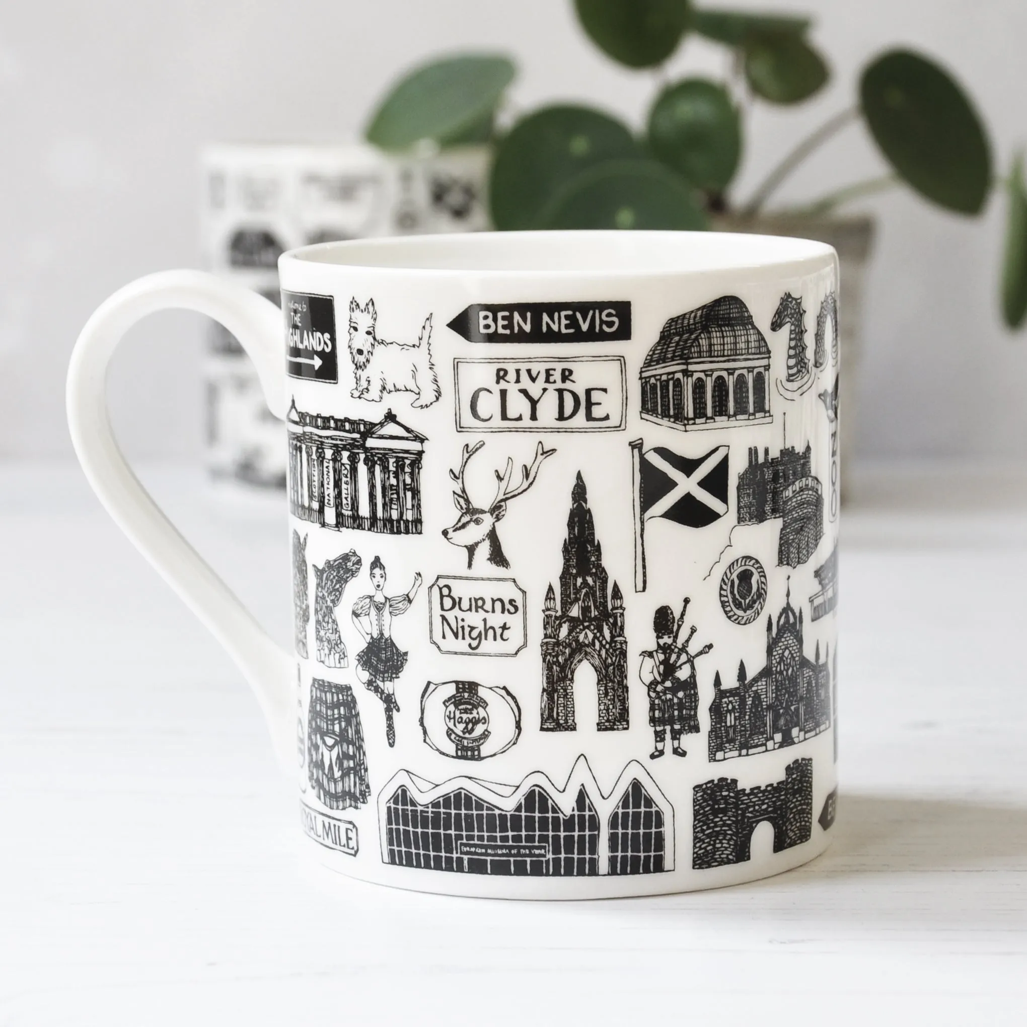 Scottish illustrated black and white mug