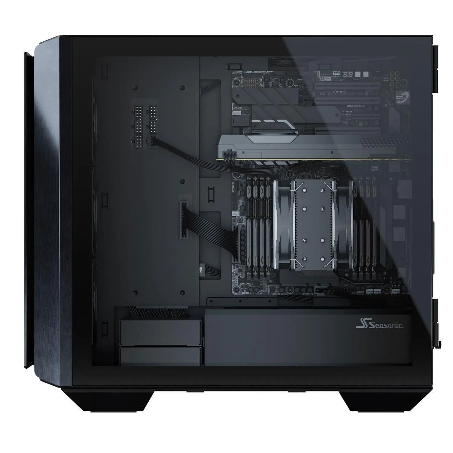 Seasonic SYNCRO Q704 Mid-Tower Case with SYNCRO DPC-850, 850W 80  Platinum, Reverse-ATX Design, CONNECT Module Cable Management Hub, Large Air Intake with Fan Control in Fanless and Cooling Mode, Side Glass Panel, Pre-installed 4 NIDEC Fans