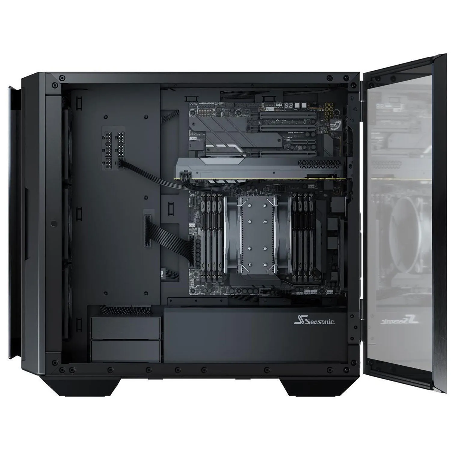 Seasonic SYNCRO Q704 Mid-Tower Case with SYNCRO DPC-850, 850W 80  Platinum, Reverse-ATX Design, CONNECT Module Cable Management Hub, Large Air Intake with Fan Control in Fanless and Cooling Mode, Side Glass Panel, Pre-installed 4 NIDEC Fans