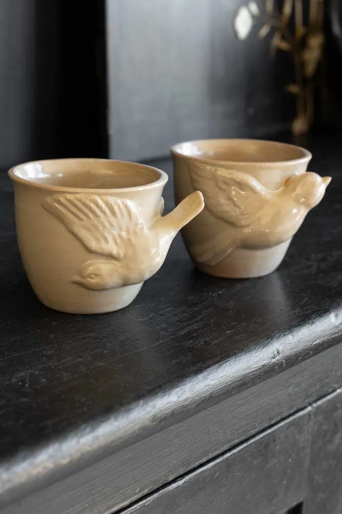 Set Of 2 Taupe Bird Mugs