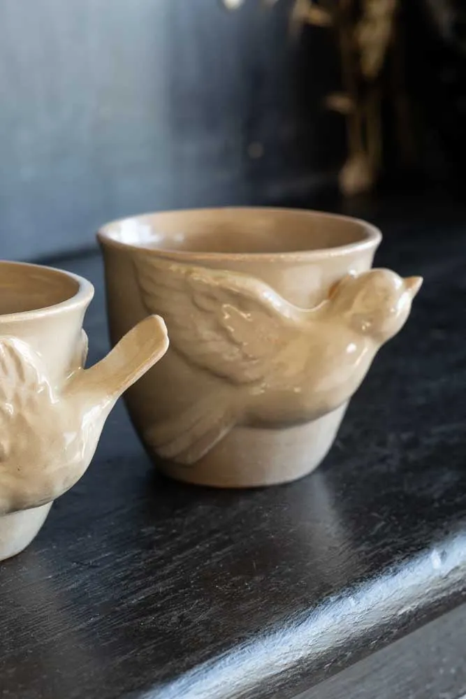 Set Of 2 Taupe Bird Mugs