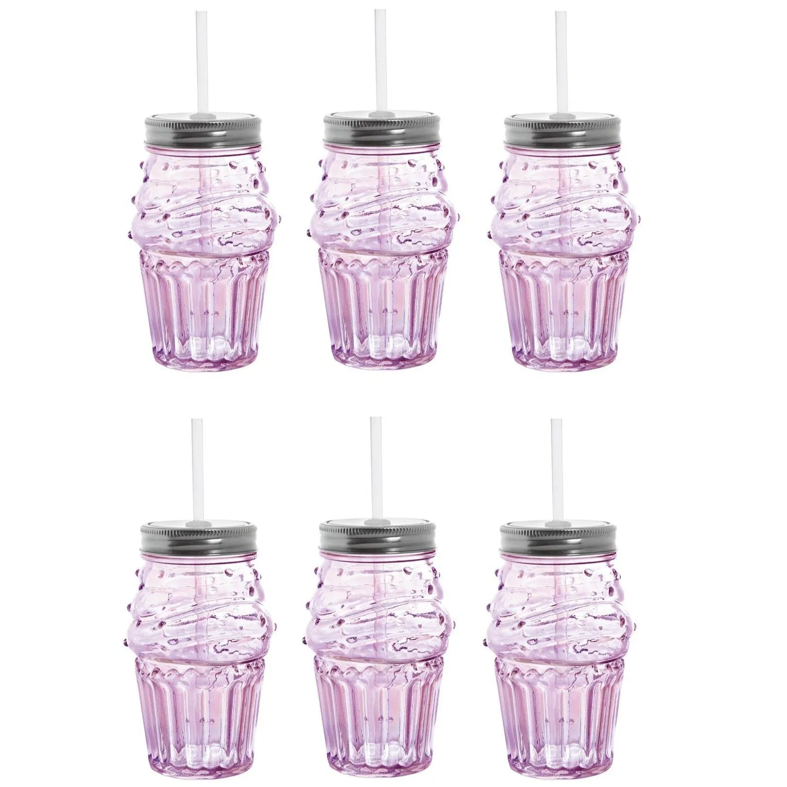 Set of 6 Glass Cupcake Sippers in Light Pink | Cute Wine or Cocktail Glass with Straw