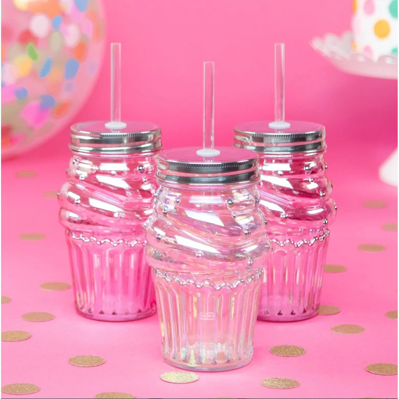 Set of 6 Glass Cupcake Sippers in Light Pink | Cute Wine or Cocktail Glass with Straw