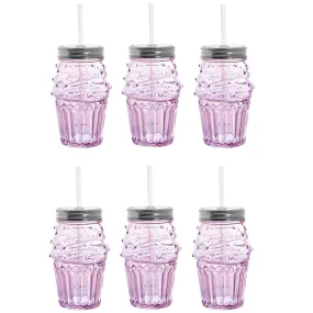 Set of 6 Glass Cupcake Sippers in Light Pink | Cute Wine or Cocktail Glass with Straw