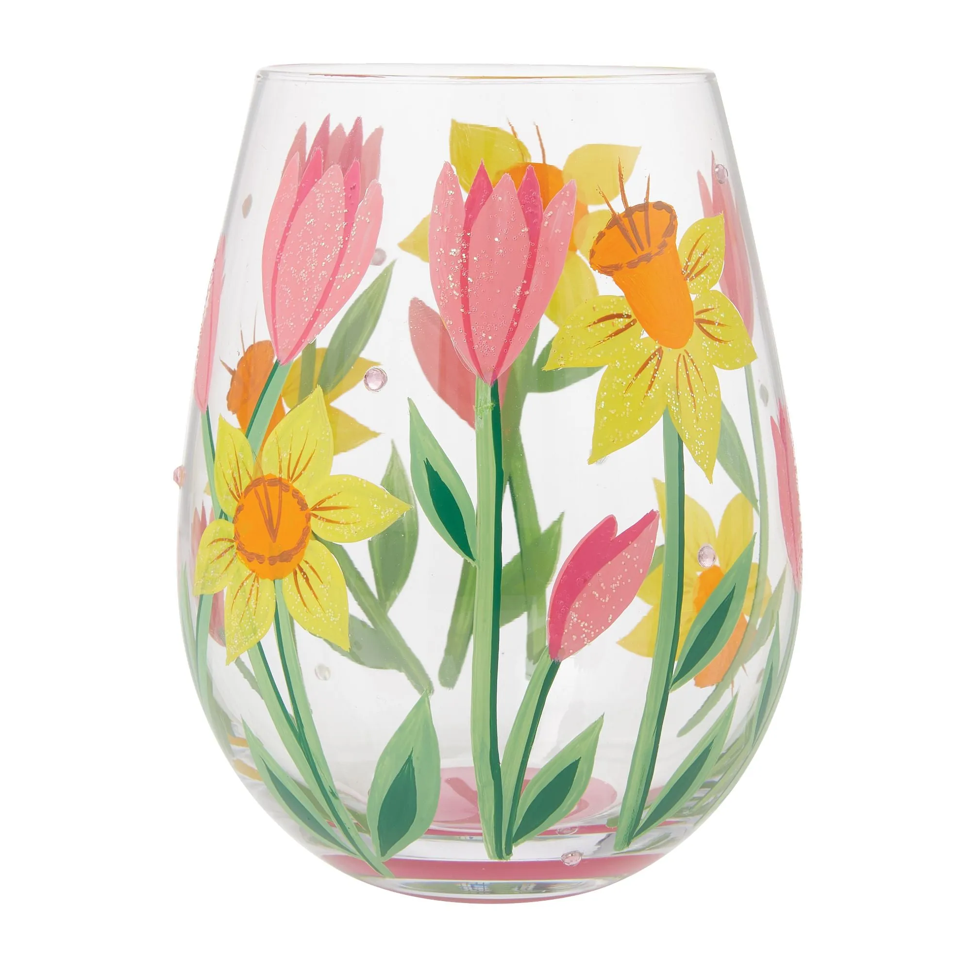 Spring Bloom Hand Painted Stemless Wine Glass