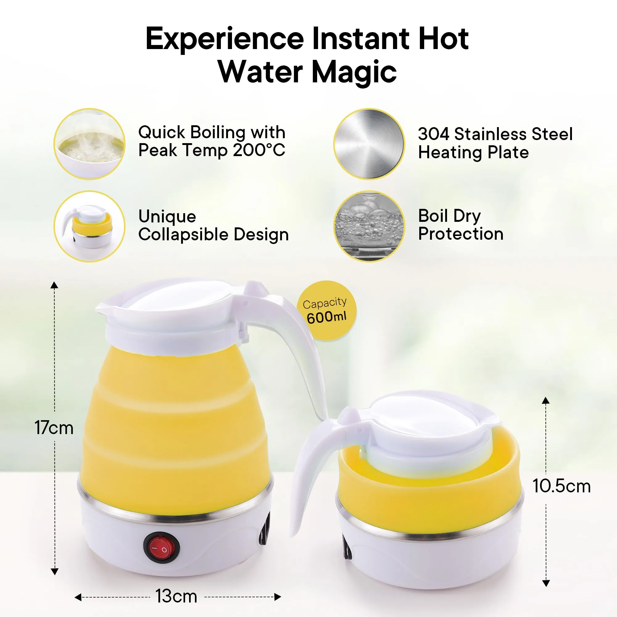 The Better Home FUMATO 600ml Foldable Electric Kettle for Hot Water 600W | Multipurpose, Mini, Collapsible, Travel Kettle | Food Grade Silicone Body, Stainless Steel Base & Leak Proof (Yellow)