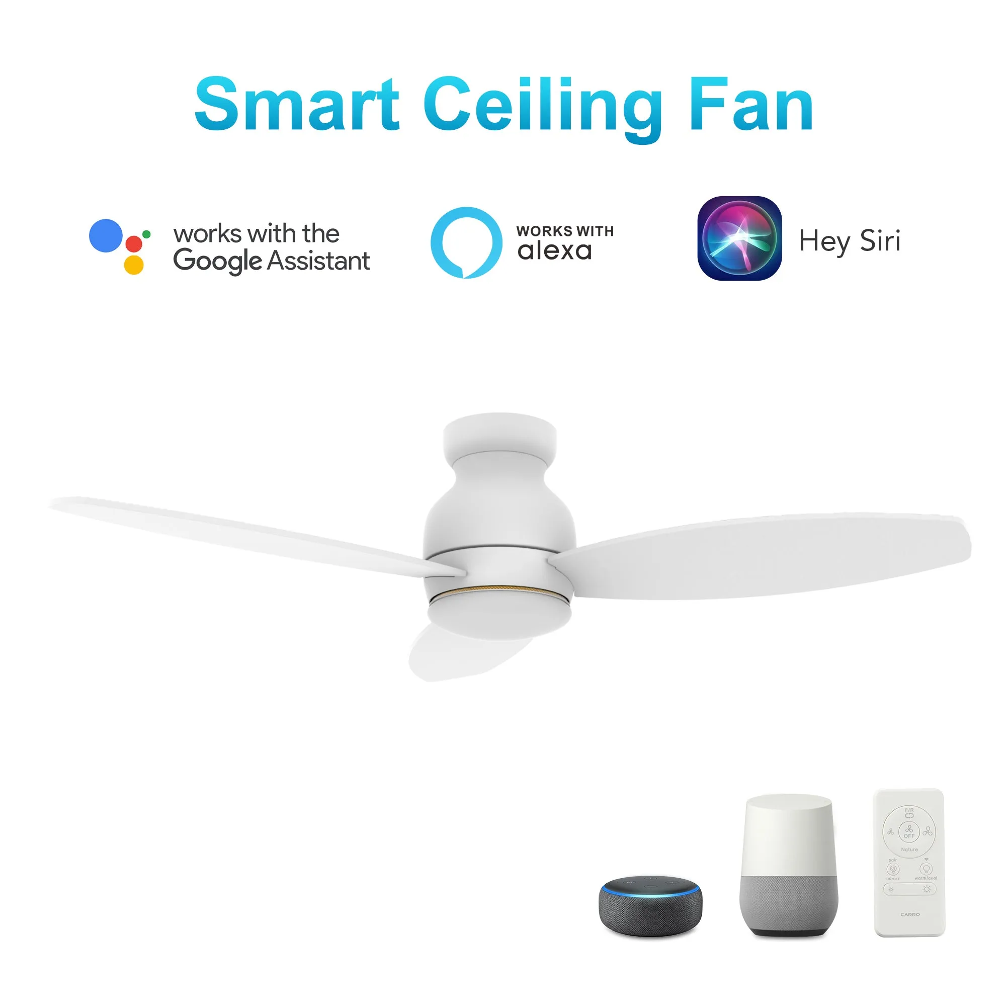 TRENTO 52 inch 3-Blade Flush Mount Smart Ceiling Fan with LED Light Kit & Remote- White/White