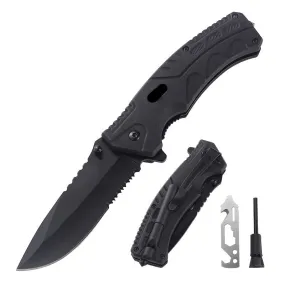 Utility Black Serrated Knife Abs Handle Outdoor Folding Knife  With Fire Starter And Hex Screwdriver Multitool