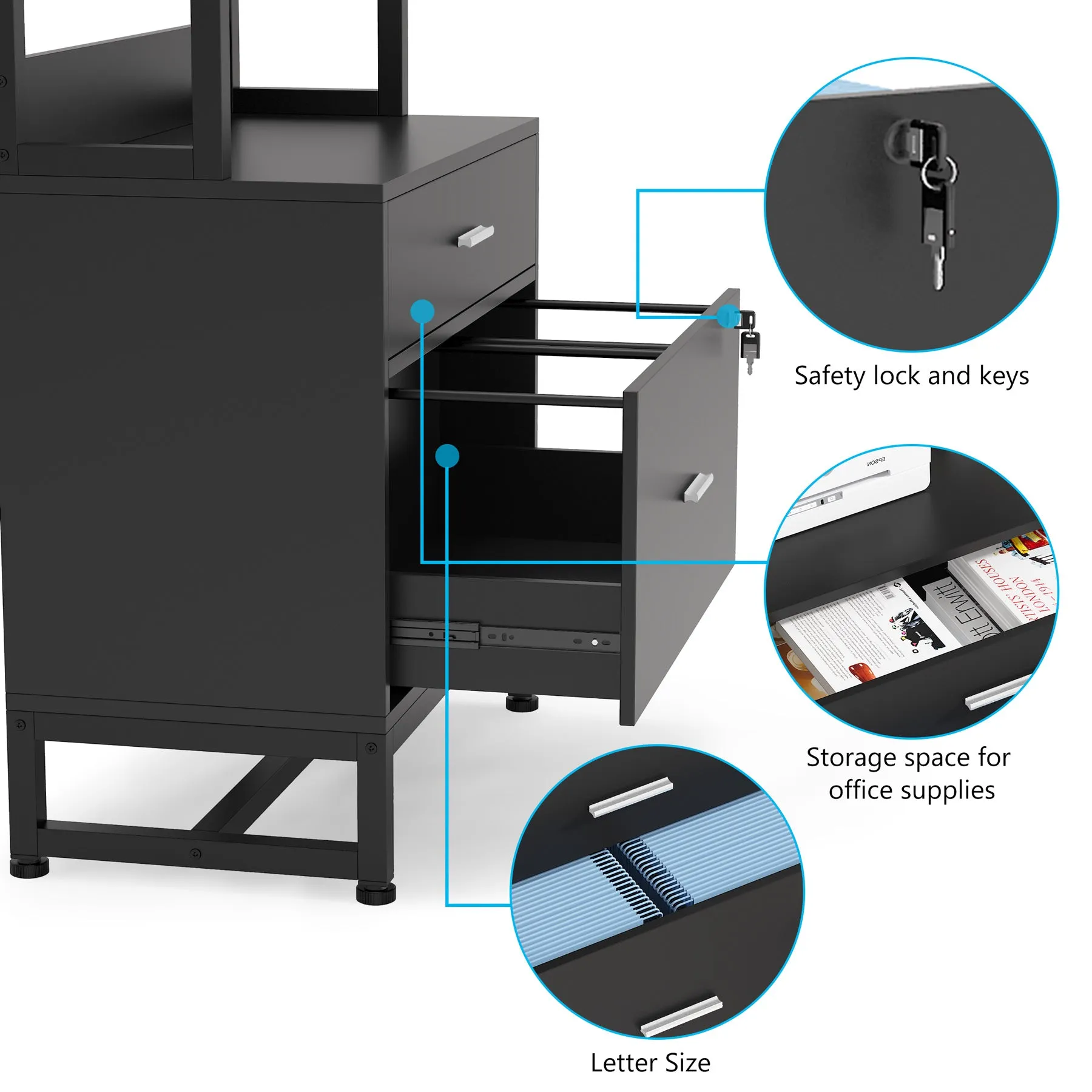 Vertical File Cabinet, 2 Drawers Filing Cabinet with Open Shelves