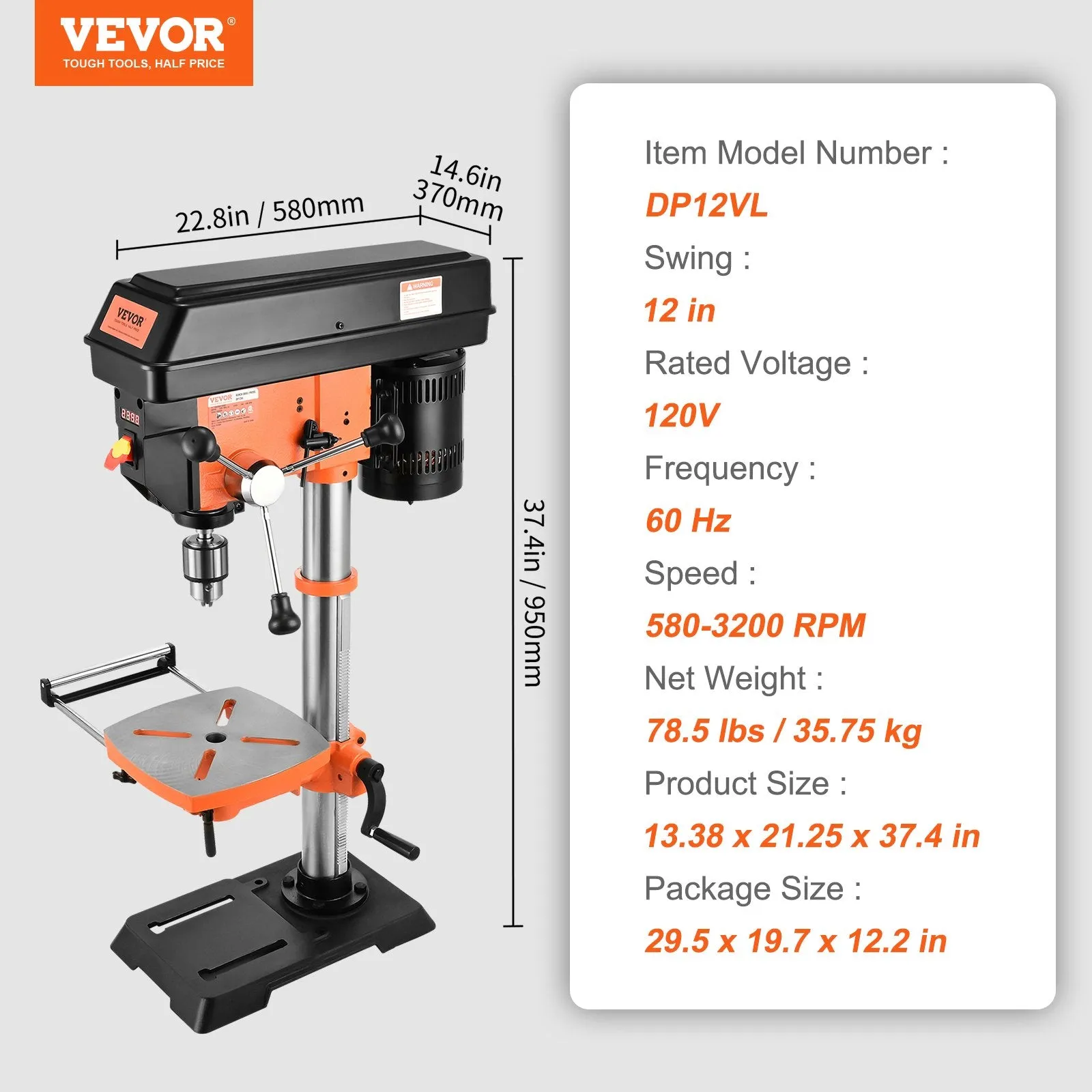 Vevor Benchtop Drill Press 12" with 0-45° Tilting Worktable Variable Speed 120V New