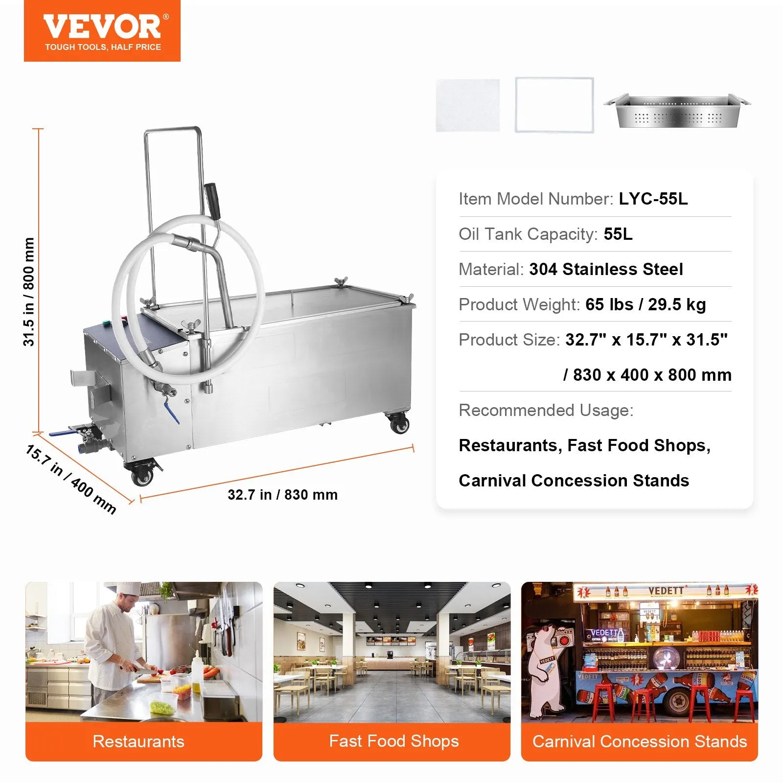 Vevor Mobile Fryer Filter 14.5 Gal Capacity 2.64 GPM Swivel Wheels Oil Transfer Hose New